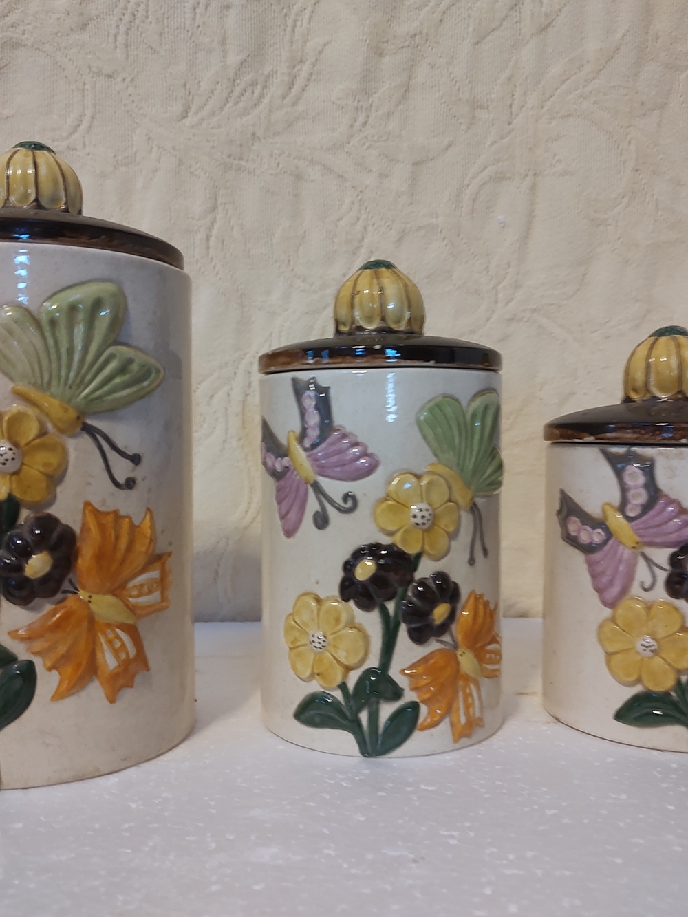 Source Unknown Ceramic Floral Canister Set with Yellow, Green and Purple Accents